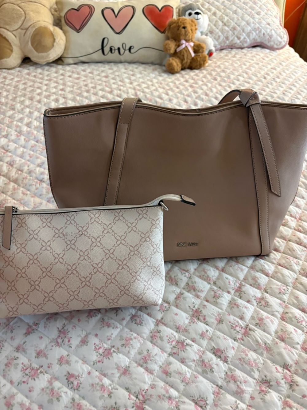 Nine West Taupe Tote with Cream Patterned Pouch